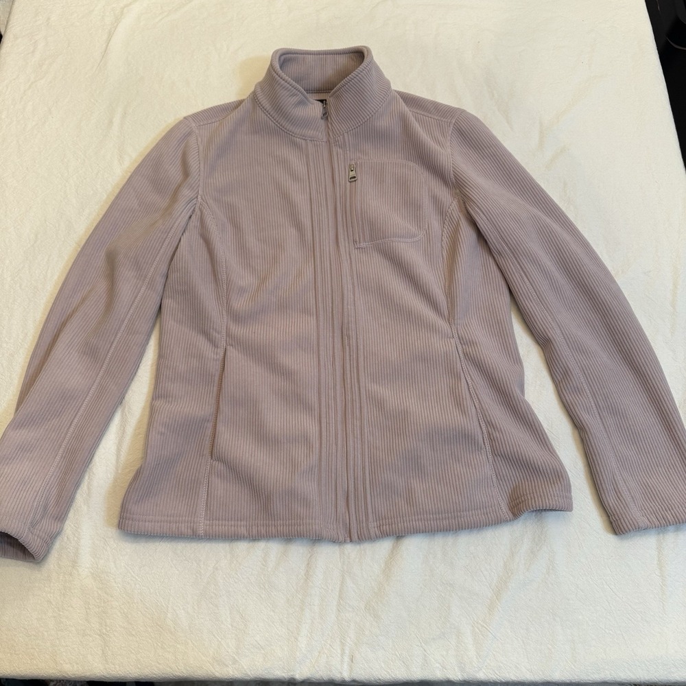 Andrew Marc Women S Pink Ribbed Fleece Jacket Full Zip Mock Neck Pocket Gorpcore